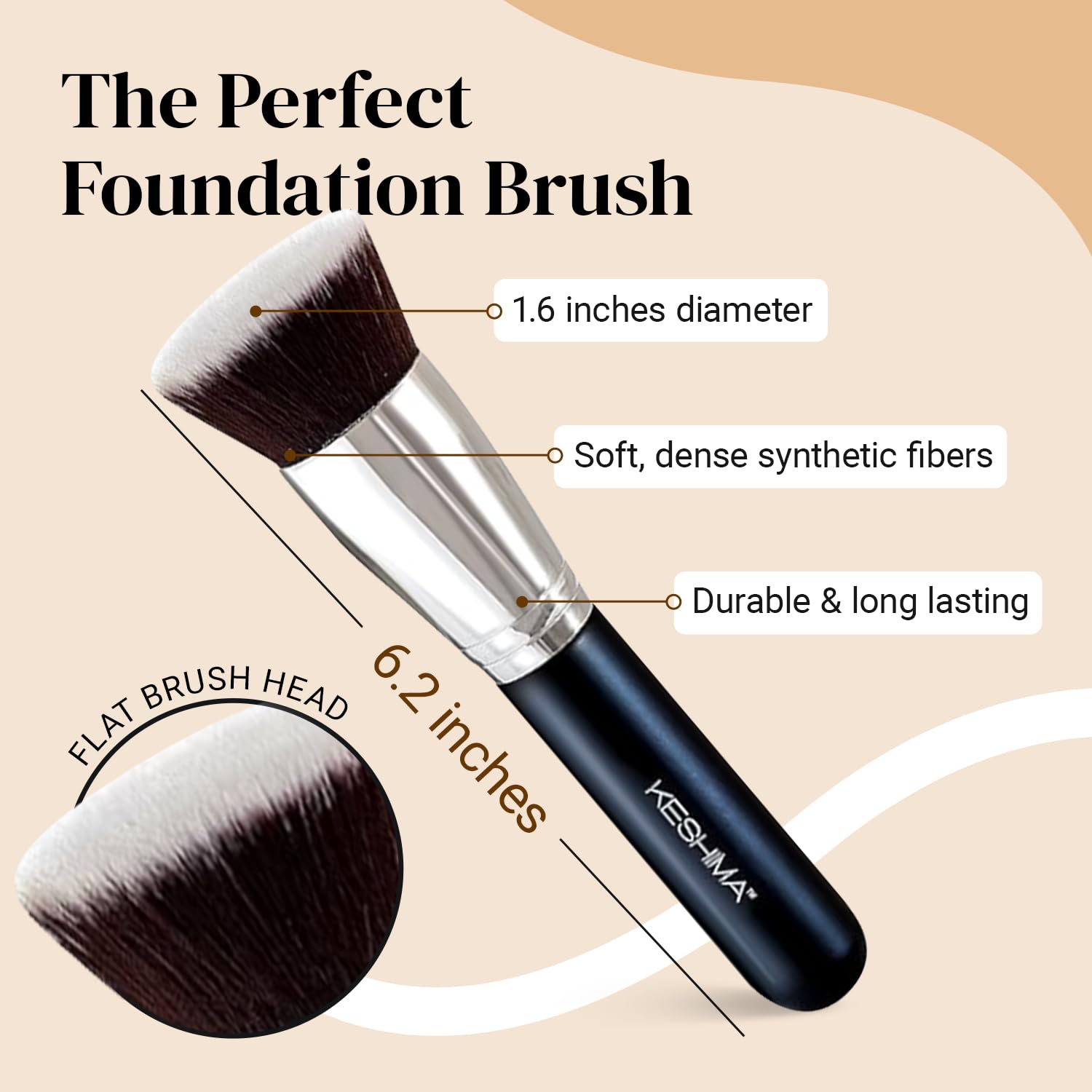 Keshima Large Flat Top Kabuki Foundation Makeup Brush, 1.6 Top Diameter