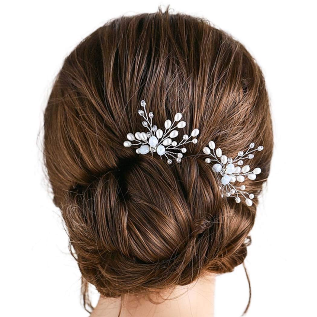 Barode Bride Pearl Wedding Hairpin Rhinestones Bridal Hair Pins Sparkly Crystal Hair Clips Jewelry for Women and Girls (Pack of 2) (Silver)