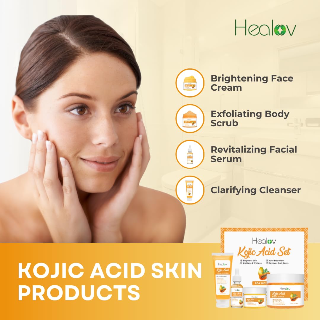 Kojic Acid Skincare Set – Kojic Soap Cleanser, Exfoliating Body Scrub, Face Cream & Brightening Facial Serum – Skin Brightening Hyperpigmentation Treatment, Dark Spot Corrector – with Turmeric Papaya