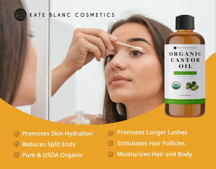 Organic Castor Oil 16oz by Kate Blanc. Cold-Pressed, 100% Pure, Hexane-Free. Promote Growth for Hair, Eyelashes, Eyebrows. Moisturizing For Dry Skin and Body. 1-Year Warranty.