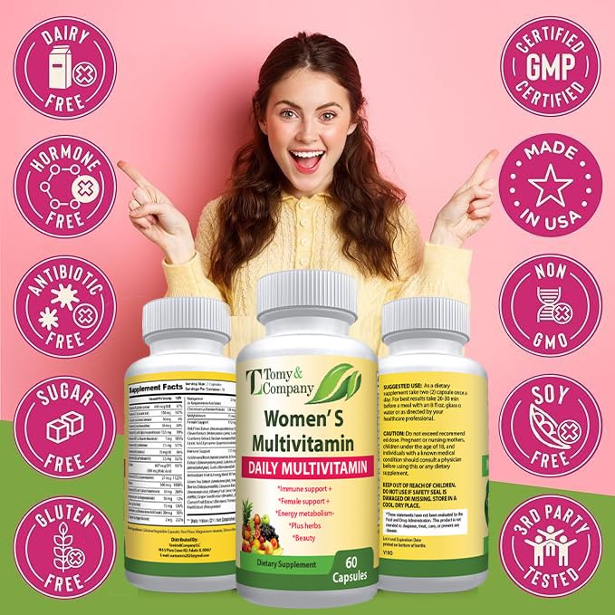 Tomy & Company Gluten-Free Vegetarian Women's Multivitamin with Zinc, B6, B12, Biotin and More - Hair, Skin & Nails, Bone Health, Immune Support, Women's Daily Vitamin Supplements Capsules