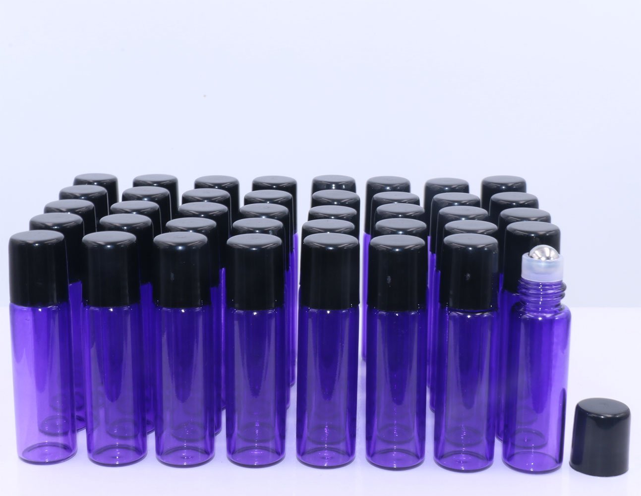Glass Roller Bottles,5ml(1/6oz) Purple 40 Pack Roll on Glass Bottles for Essential Oils Aromatherapy,Perfume Oils,Lip Balms,DIY Blends creations,with Stainless Steel Roller Ball Black Lid-FREE Dropper