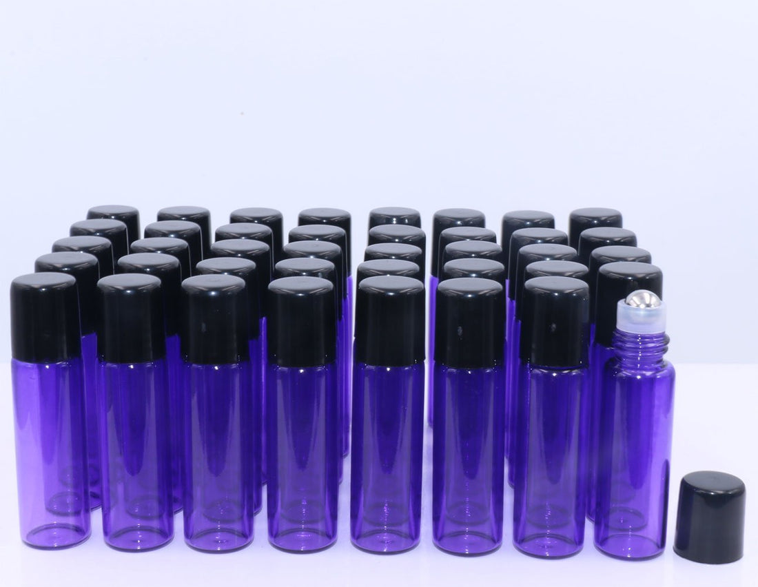 Glass Roller Bottles,5ml(1/6oz) Purple 40 Pack Roll on Glass Bottles for Essential Oils Aromatherapy,Perfume Oils,Lip Balms,DIY Blends creations,with Stainless Steel Roller Ball Black Lid-FREE Dropper