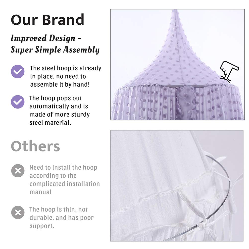 Kids Bed Canopy for Girls, Beige Crib Princess Hanging Children Canopy Tent, Toddler Girl Bed Netting for Baby Room Bedroom Reading Nook, Macrame Lace Boho Nursery with Pom Pom