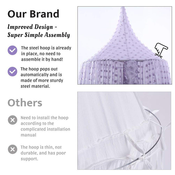 Kids Bed Canopy for Girls, Beige Crib Princess Hanging Children Canopy Tent, Toddler Girl Bed Netting for Baby Room Bedroom Reading Nook, Macrame Lace Boho Nursery with Pom Pom