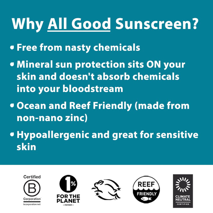 All Good Organic Sunscreen Butter - Zinc Oxide - Coral Reef Safe - Water Resistant - Uva/Uvb Broad Spectrum - Spf 50+ (1 Oz)(2-Pack)