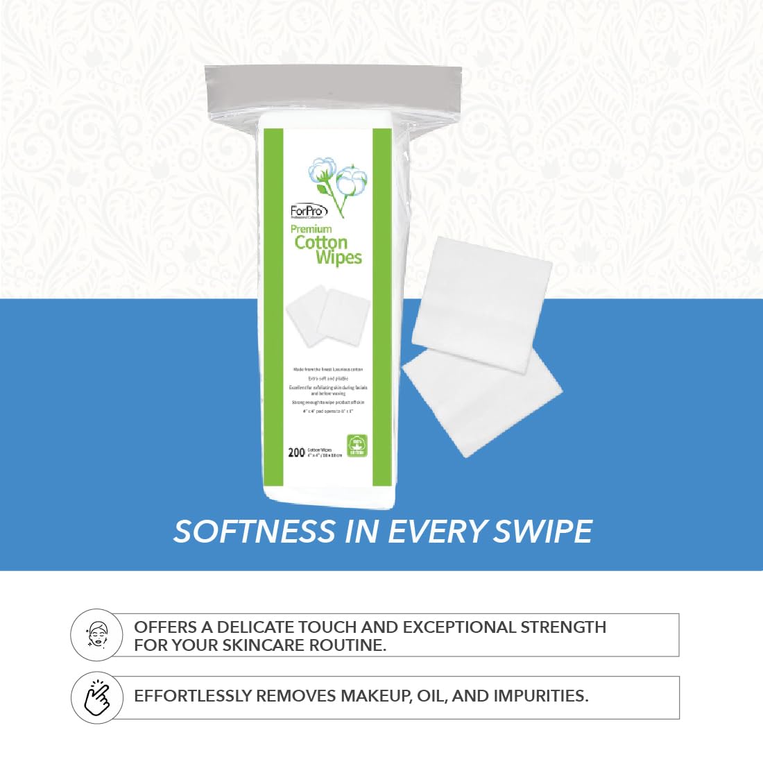 ForPro Premium Cotton Wipes, 100% Cotton, Extra-Soft, for Cosmetic, Nail, and Personal Care, 4ââ‚¬Â x 4ââ‚¬Â, 200-Count