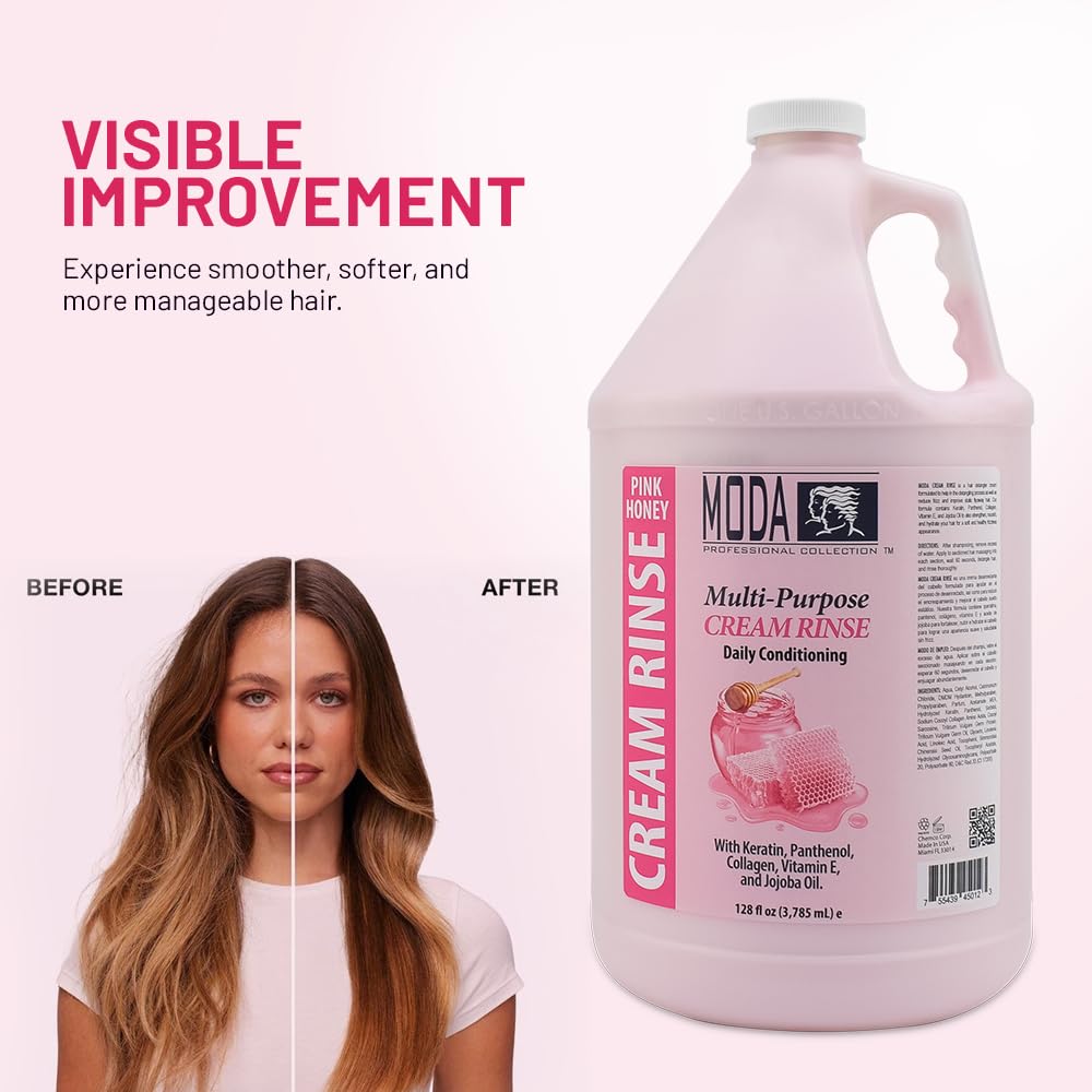 MODA Cream Rinse - Nourish, Detangle & Repair with Keratin, Panthenol, Collagen, and Vitamin E - Moisturizing Hair Conditioner for Dry & Damaged Hair, Soothing Pink - 128 Oz