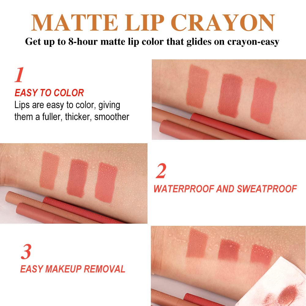 SUAKE Matt Nude Lipstick Lipliner Pack Set, 3 Colors Waterproof Crayon, Longwear Moisture Smooth Matte Lipstick Pencils with Built-in Sharpener, Lip Makeup