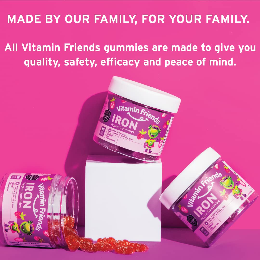 Vitamin Friends - Vegan Multivitamin & Iron for Kids - Daily Nutritional Support Gummies w/Ferrous Fumarate B-Complex, Vitamin C, Zinc, Biotin - Body Function & Anemia - Strawberry, (60 Day Supply)