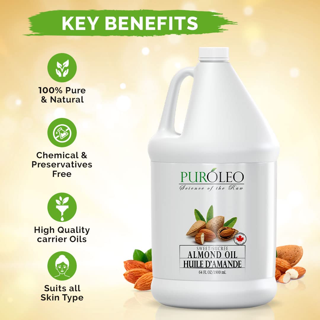PUROLEO Sweet Almond Oil 64 Fl Oz/1900 ML 100% Natural and Pure | Moisturizer & Carrier Oil | Beauty & DIY Blends, Massage Oil, Body Oil, Hair Oil and Baby Oil | Made from Almonds raw