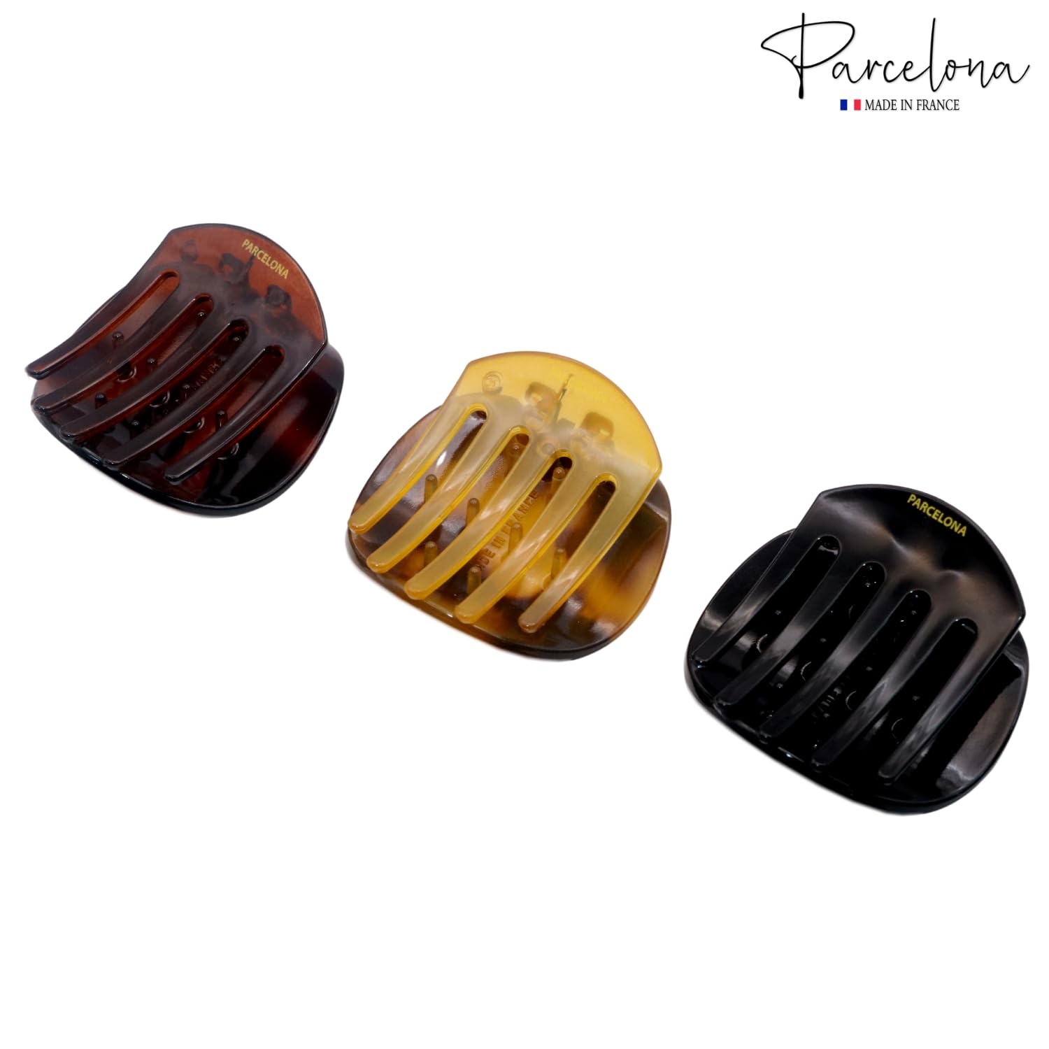 Parcelona French Onde Tortoise Shell Black and Savana Small 2ââ‚¬Â Celluloid Set of 3 Round Side Slide In Secure Grip Hair Claw for Women and Girls