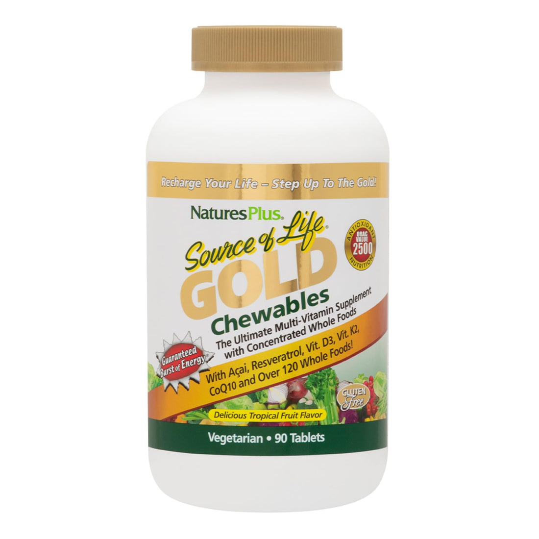 Natures Plus Source of Life Gold Multivitamin - 90 Chewable Tablets, Pack of 2 - with Vitamins D3, B12, K2 & More Than 120 Whole Foods - Blood, Bone & Immune Support - Gluten Free - 30 Servings