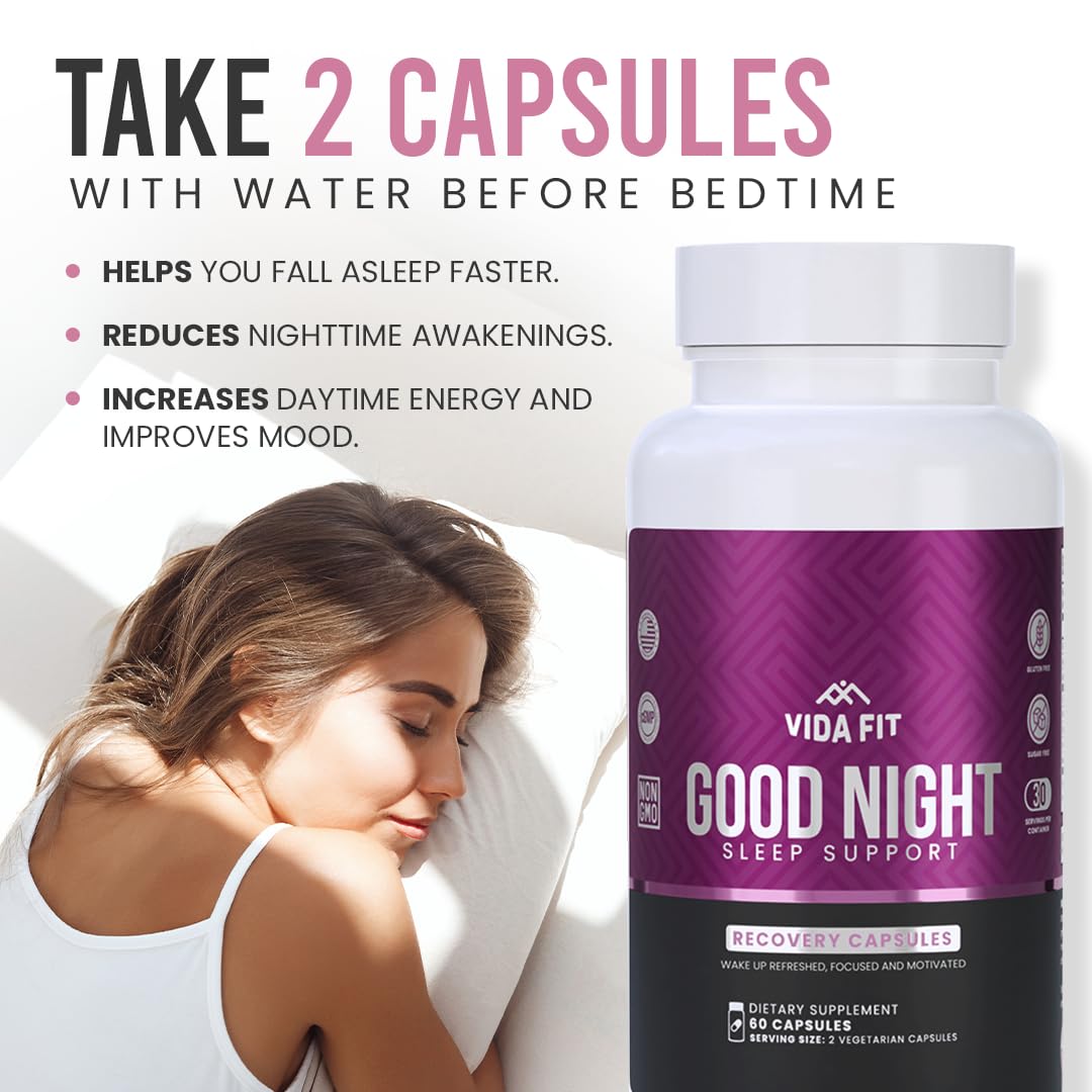 Good Night Natural Sleep Aid for Adults – Melatonin 3mg, Magnesium Glycinate, Ashwagandha, L Theanine, GABA, 5-HTP, Vitamin D, Niacin, 30 Days Supply