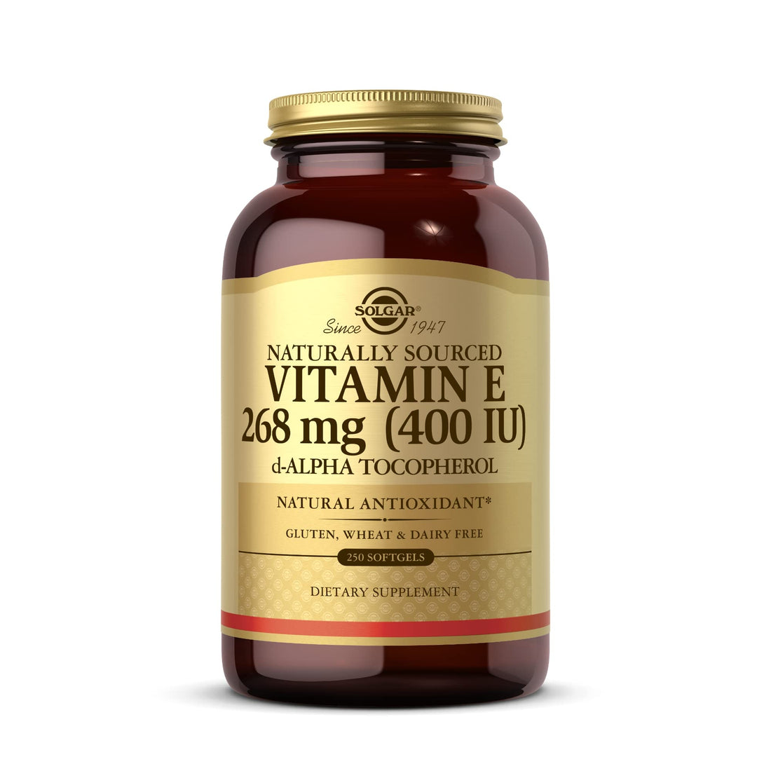 Solgar Vitamin E 268 mg (400 IU) - 250 Softgels - Naturally-Sourced Vitamin E as d-Alpha Tocopherol - Gluten Free, Dairy Free - 250 Servings
