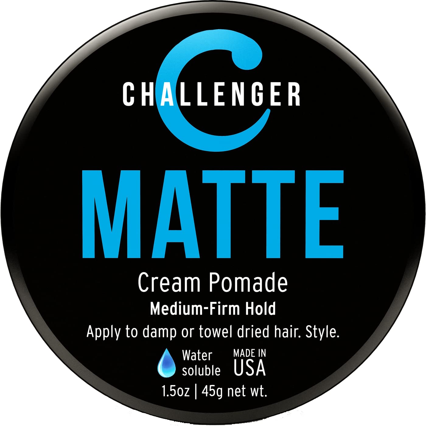 Matte Cream Pomade - Challenger 1.5oz Medium Firm Hold - Water Based, Clean & Subtle Scent. Best Mens Hair Styling Cream, Wax, Fiber, Clay, Paste All In One