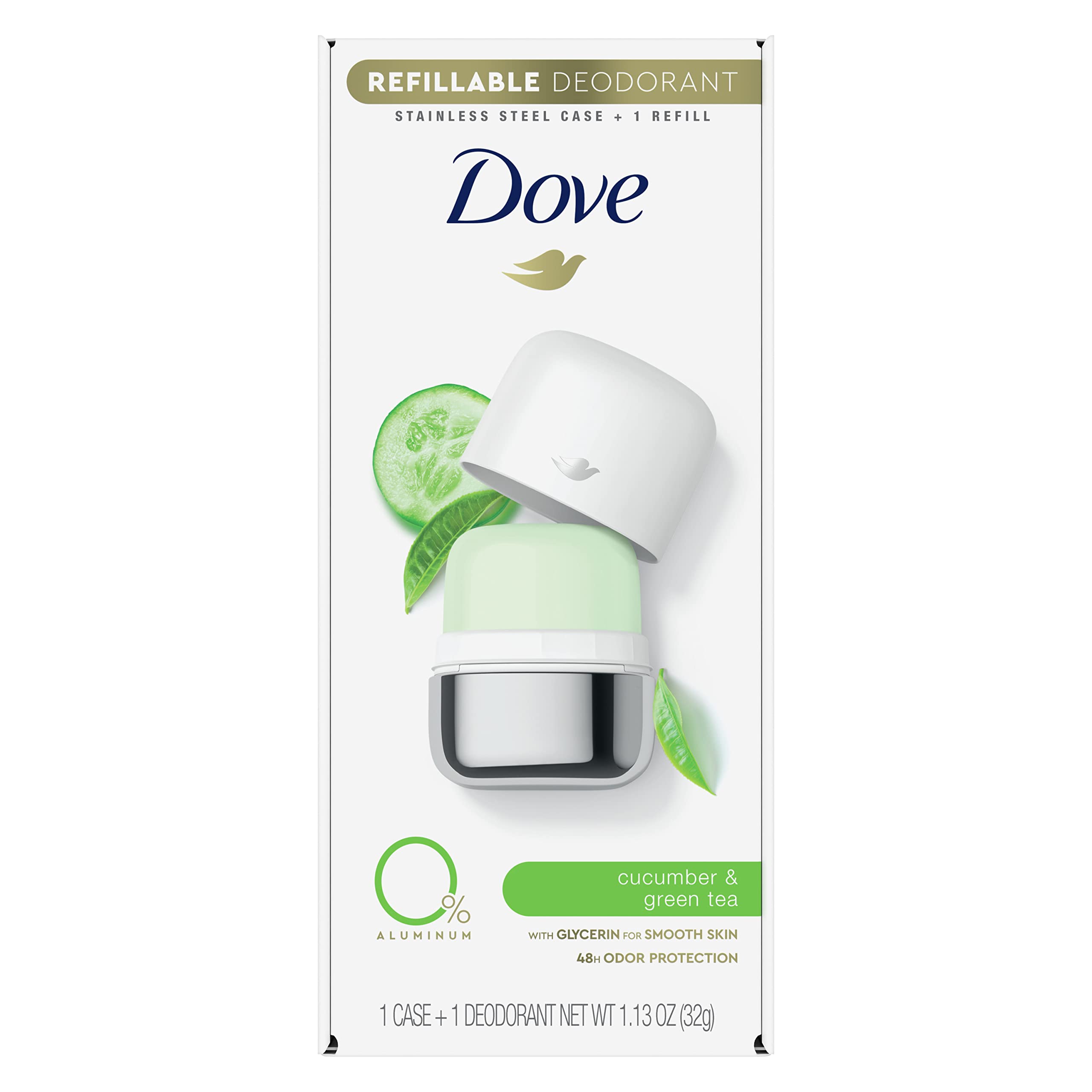 Dove Female Refillable Deodorant Roll On Starter Kit Deodorant Cucumber & Green Tea 0% Aluminum 1.13 Oz, Pack Of 1