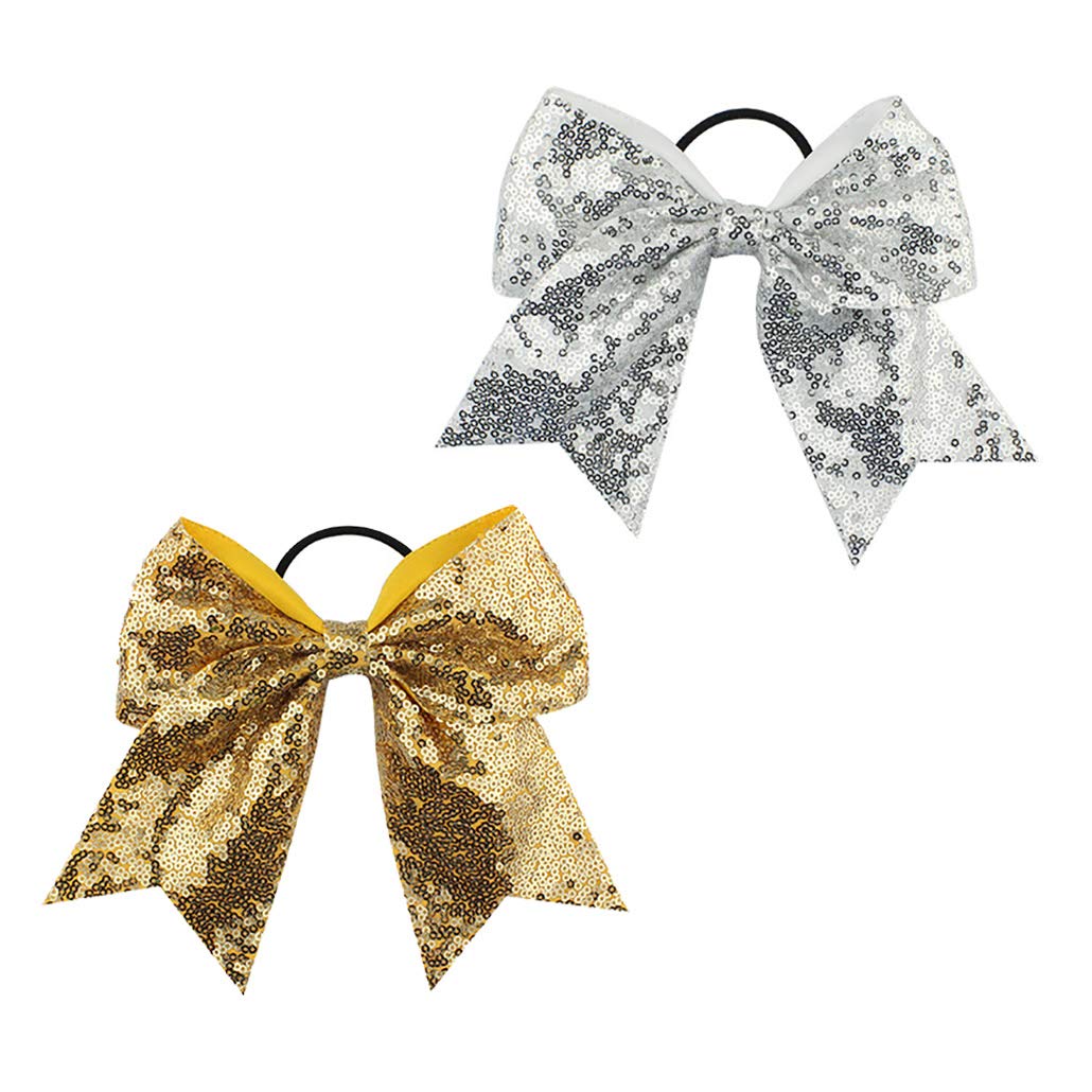 JustMyDress 13-Gold, Silver: Girls Cheer Bow Ponytail Holder Big Hair Bow Tie With Glitter Sequins Bowknot Jb80 (13-Gold, Silver)
