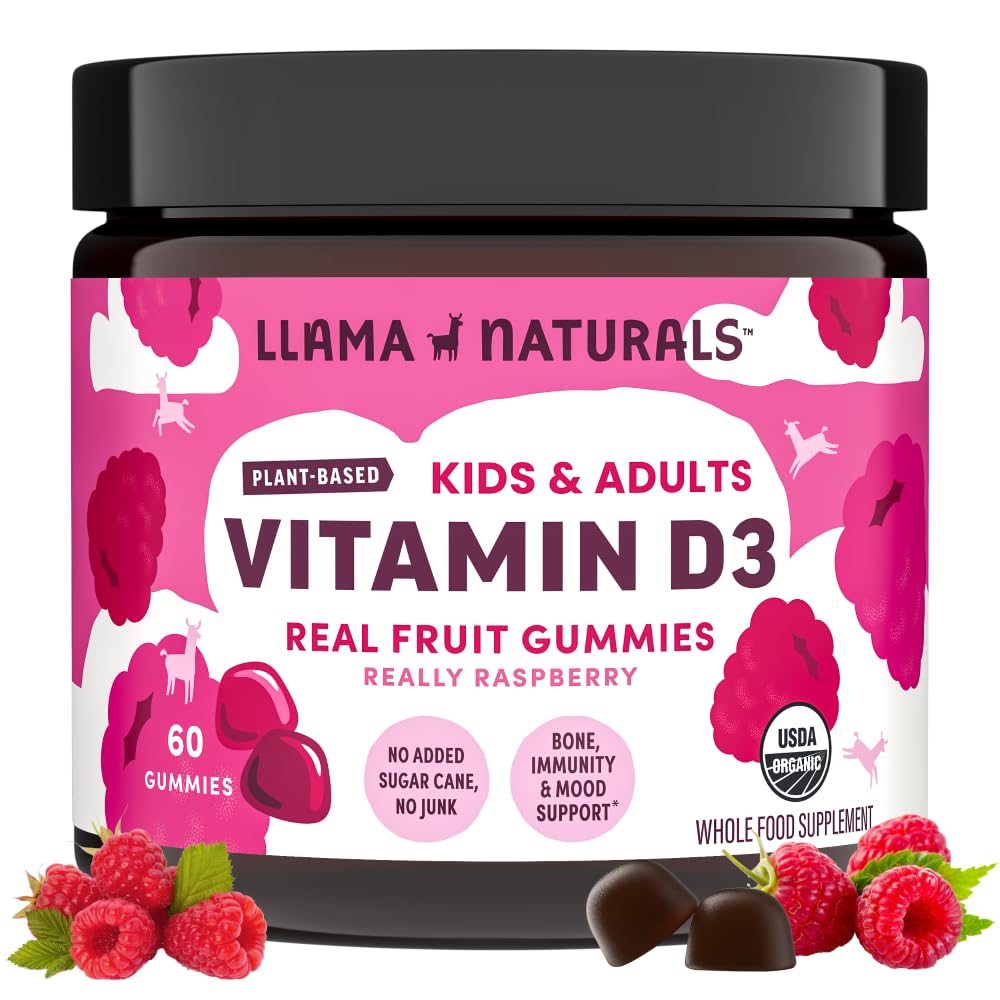 Llama Naturals Vitamin D3 Gummies for Kids & Adults, Real Fruit Gummy Vitamins for Immune Support, Healthy Bones & Overall Health, Organic, Vegan, No Sugar Added, Raspberry, 60 Ct (30-60 Day Supply)