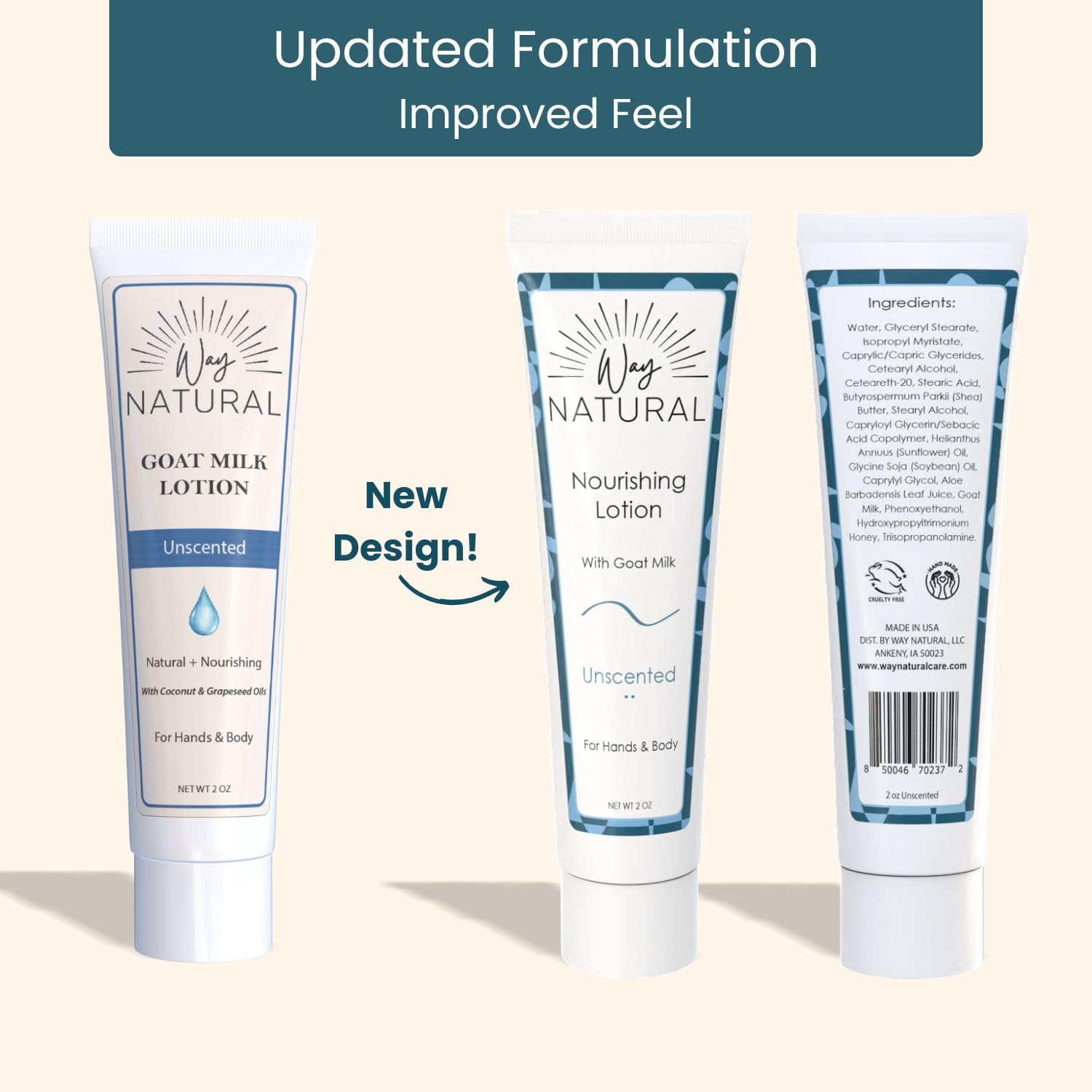 Way Natural Goat Milk Lotion, Unscented - Travel Size, Natural, Body/Hand - Goat Milk Hand Cream for Women and Men - Creamy, Dry Skin Relief - Unscented Lotion - 1 (2oz) Tube