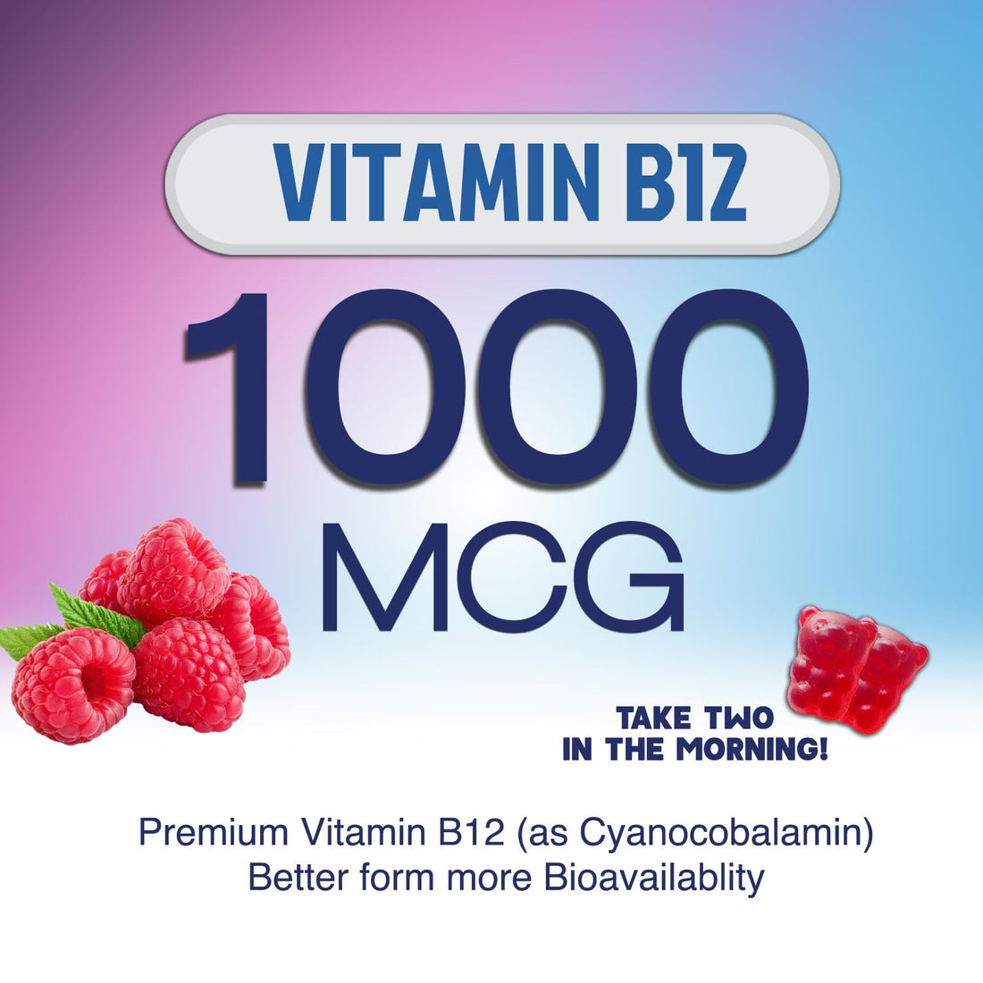 Energy Gummies Vitamin B12, Green Tea Natural Caffeine Support, Extra Strength 1000 mcg Daily Energy Vitamins, Delicious Berry Flavor Gluten Free Chewable Supplement for Cycling & Running - 60 Chews