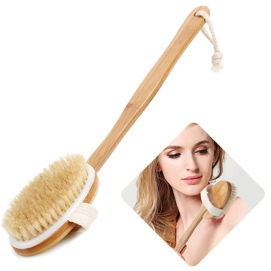 Bath Body Brush & Shower,Dry Skin Brushing with 100% Natural Boar Bristles & 16 inches Long Bamboo Detachable Handle,Back Scrubber for Exfoliates & Stimulates Blood Circulation-by Qlben