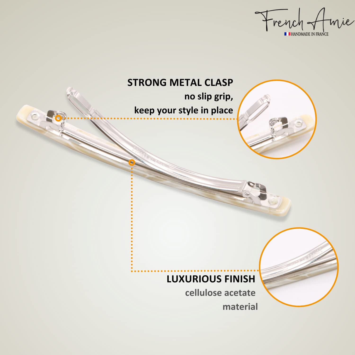 French Amie Long And Thin Handmade Celluloid Pearl Ivory Hair Clip Barrette 4 Inches (Cream Nouget)