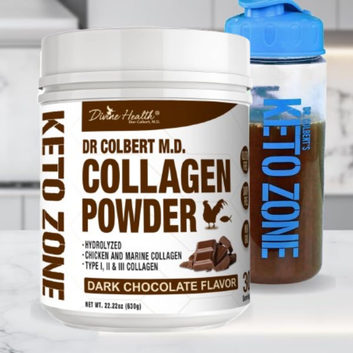 Divine Health Dr. Colbert MD Hydrolyzed Collagen Powder | Chocolate Flavor | Type I, II, III Chicken & Marine Collagen Peptides | Recommended in Keto Zone Diet Book Hair, Skin and Nails