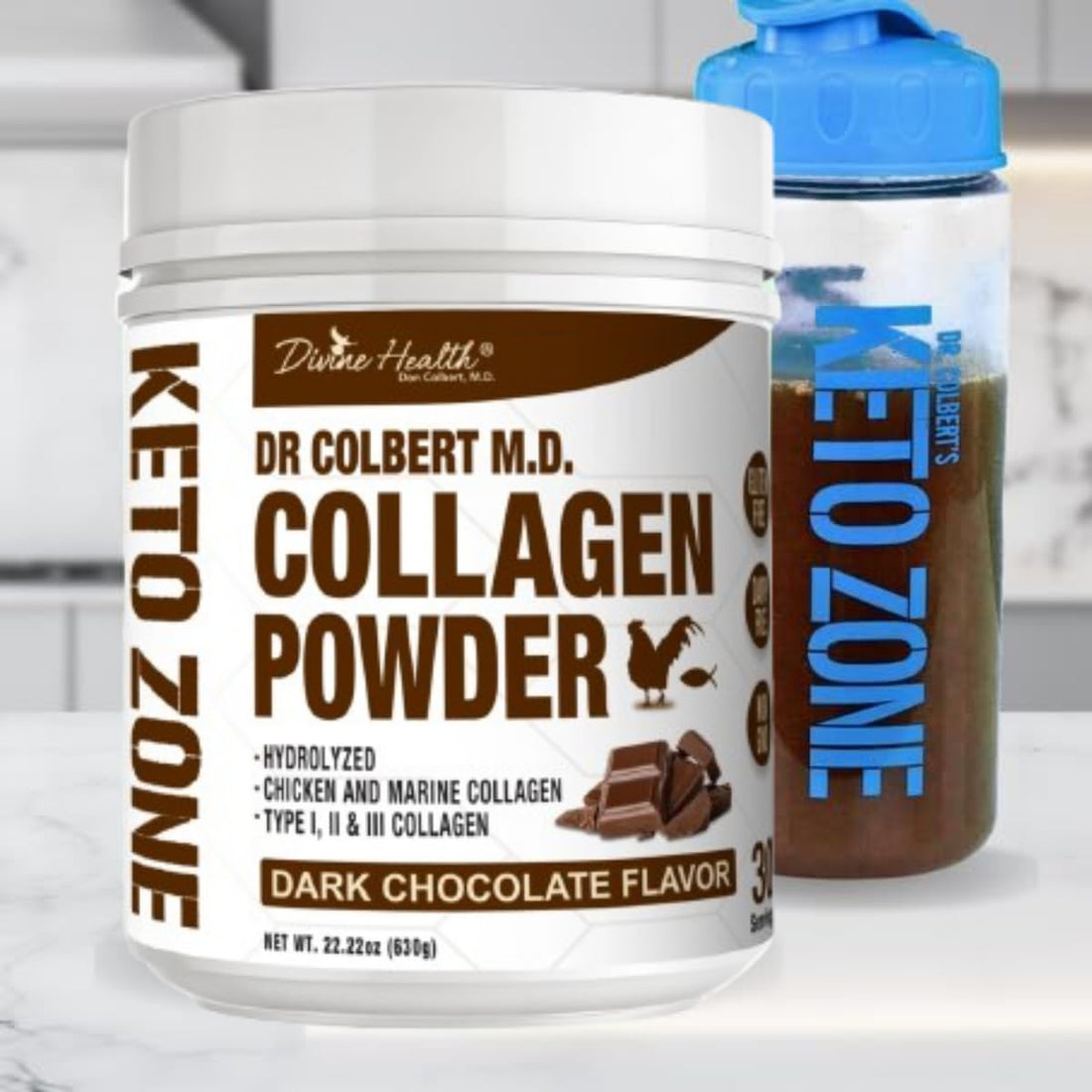 Divine Health Dr. Colbert MD Hydrolyzed Collagen Powder | Chocolate Flavor | Type I, II, III Chicken & Marine Collagen Peptides | Recommended in Keto Zone Diet Book Hair, Skin and Nails
