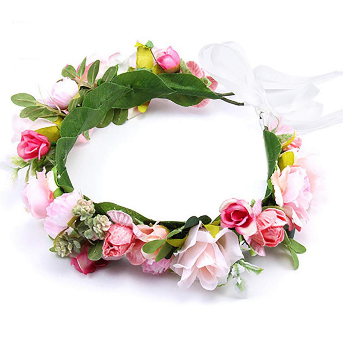 Vivivalue Boho Flower Headband Hair Wreath Floral Garland Crown Halo Headpiece with Ribbon Wedding Festival Party: Z