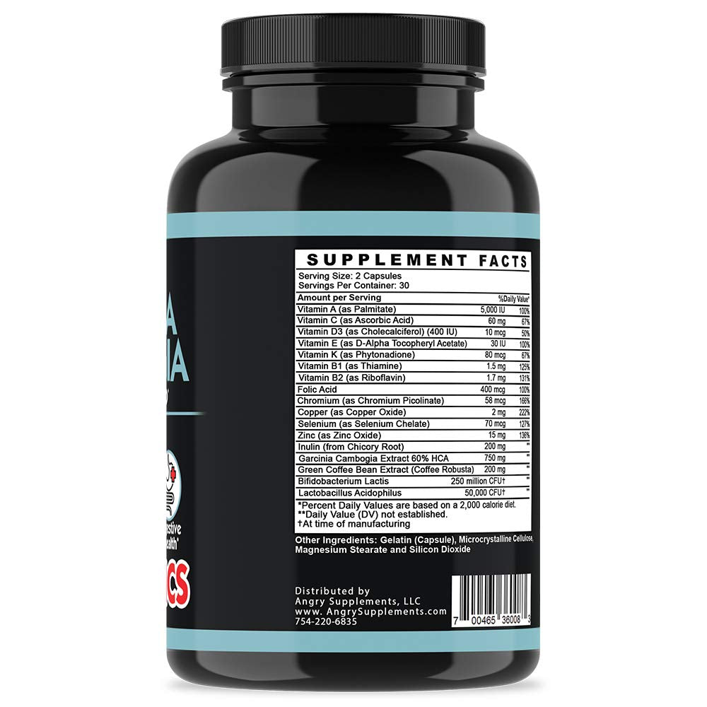 Angry Supplements Garcinia Cambogia with Probiotics, Gut Health Multivitamin w. Vitamins A, C, D, E, K, B2, Zinc, Selenium, Copper, Chromium + Herbal Blend Capsules (1-Bottle, 60ct)