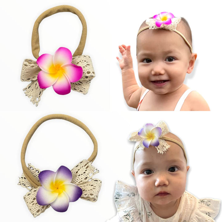 All Things Lani 2 Pack Handmade Hawaiian Plumeria Flower Headband for Babies Baby Girls (Lilac + Dawn Pink)