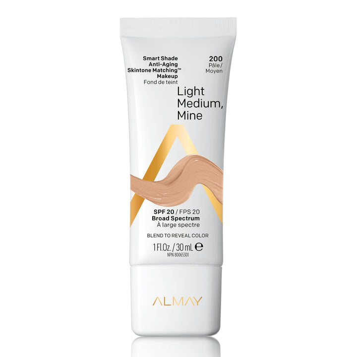 Almay Smart Shade Anti-Aging Skintone Matching Makeup, Medium Coverage Natural Finish Foundation with SPF 20, Hypoallergenic, Fragrance Free, Dermatologist Tested, 200 Light Medium Mine, 1 oz