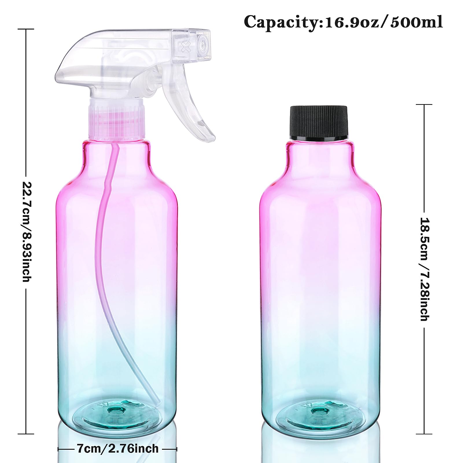 Plastic Spray Bottle 16.9oz Empty Spray Bottles Refillable Container Trigger Sprayer for Cleaning Solutions, Water, Plants, Pet, Essential Oils, Hair, 2 Pack (gradient)