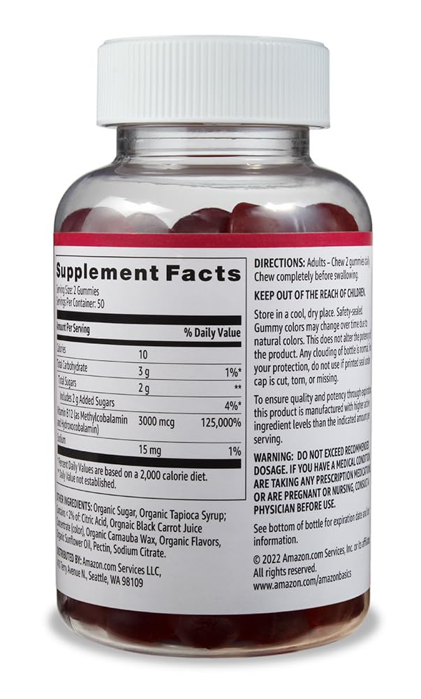 Amazon Basics Vitamin B12 3000 mcg Gummies, Normal Energy Production and Metabolism, Immune System Support, Raspberry, 100 Count (2 per serving) (Previously Solimo)