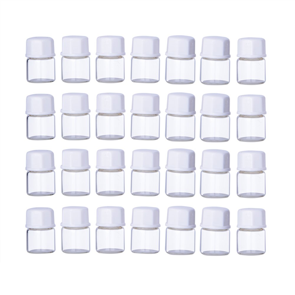 Enslz 100pcs 1/4 Dram (1ml) Small Transparent Glass Cosmetic Essential Oil Perfume Bottle with Orifice Mini Sample Perfume Bottles ContainerWhite Lid