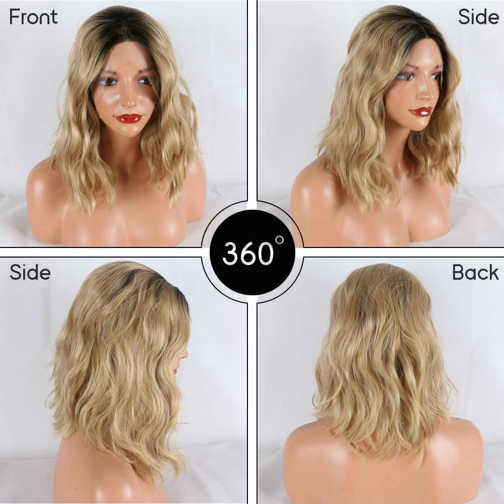 Blonde Short Bob Wigs Ombre Dark Roots Two Tone Heat Resistant Synthetic Lace Front Wigs For Drag Queen Natural Wave Middle Part Women Girls Replacement Short Hair Shoulder Length 14inches