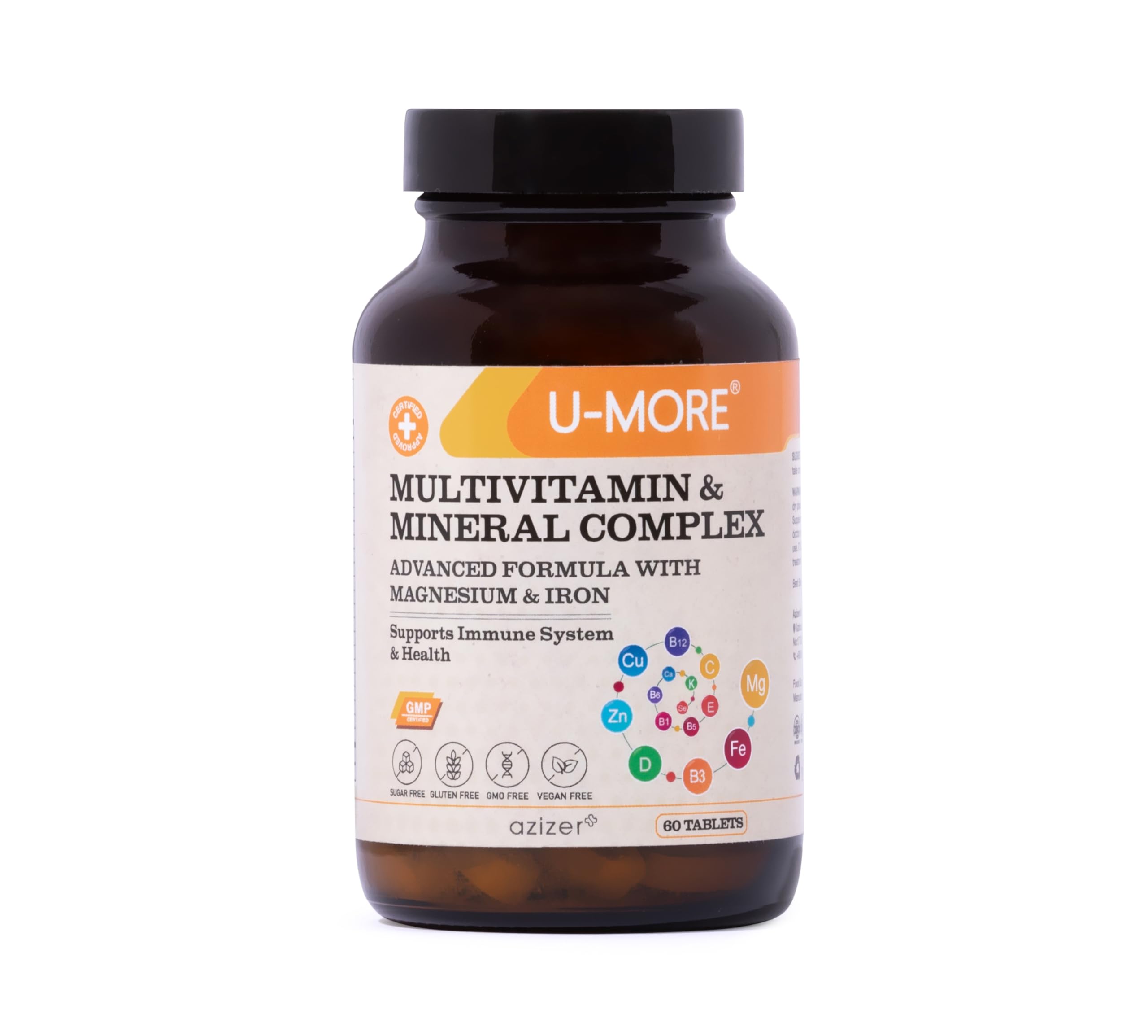 U-MORE Multivitamin & Mineral Complex, Vegan, Sugar-Free, Gluten-Free, Calcium, Magnesium, Vitamin A, B1, B2, B5, B6, B12, D3, K, C, Iron, Zinc, Supports Immune System & Overall Health - 60 Tablets