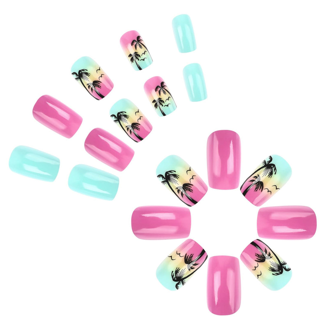 Summer Press on Nails Short Square Fake Nails with Palm Tree Seagull Designs Blue Pink Gradient Acrylic False Nails Beach Coconut Tree Full Cover Glue on Nails Glossy Stick on Nails for Women 24Pcs