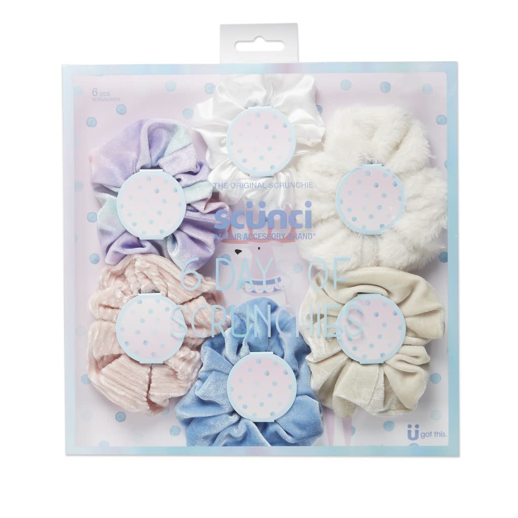 The Original ScrunchieÃ‚® Girls Fashion Gift Set Includes 6 Unique Designs: Pastel Rainbow Velvet, Cream Velour, Pink Velvet, White Faux Fur, Blue Velour, White Satin in Presentation Box