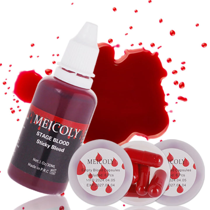 MEICOLY 1.06 OZ Edible Fake Blood with 12 Packs Empty Capsules,Washable Stage Blood Sangre Falsa,Realistic Dripping Sticky Fake Blood for Halloween, SFX,Special Effect Makeup for Zombie Vampire