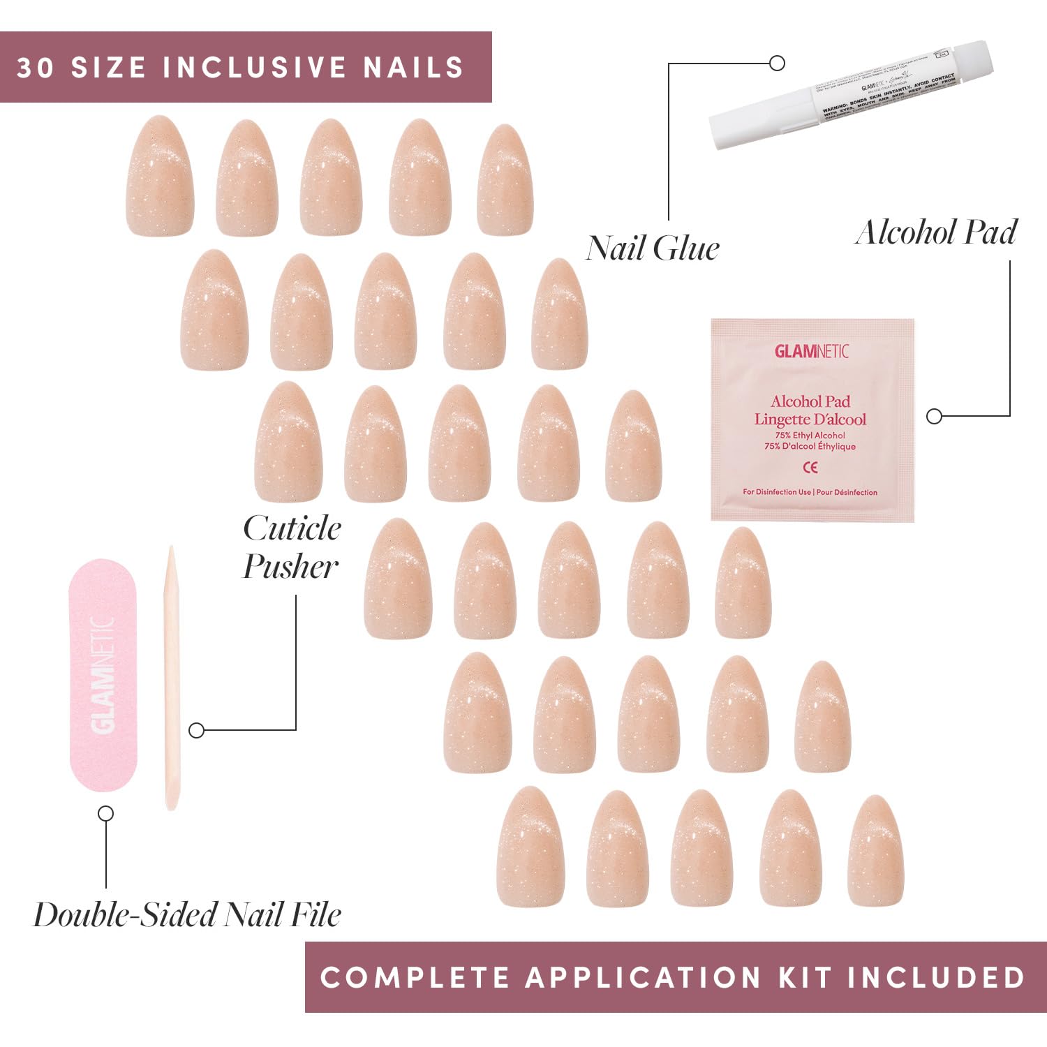 Glamnetic x GLAMZILLA Press On Nails - NOT YOUR CINDER-ELLA | Short Almond Nude Fake Nails with Velvet French Tip Effect, Salon Quality Wedding Nails | 15 Sizes - 30 Nail Kit with Glue