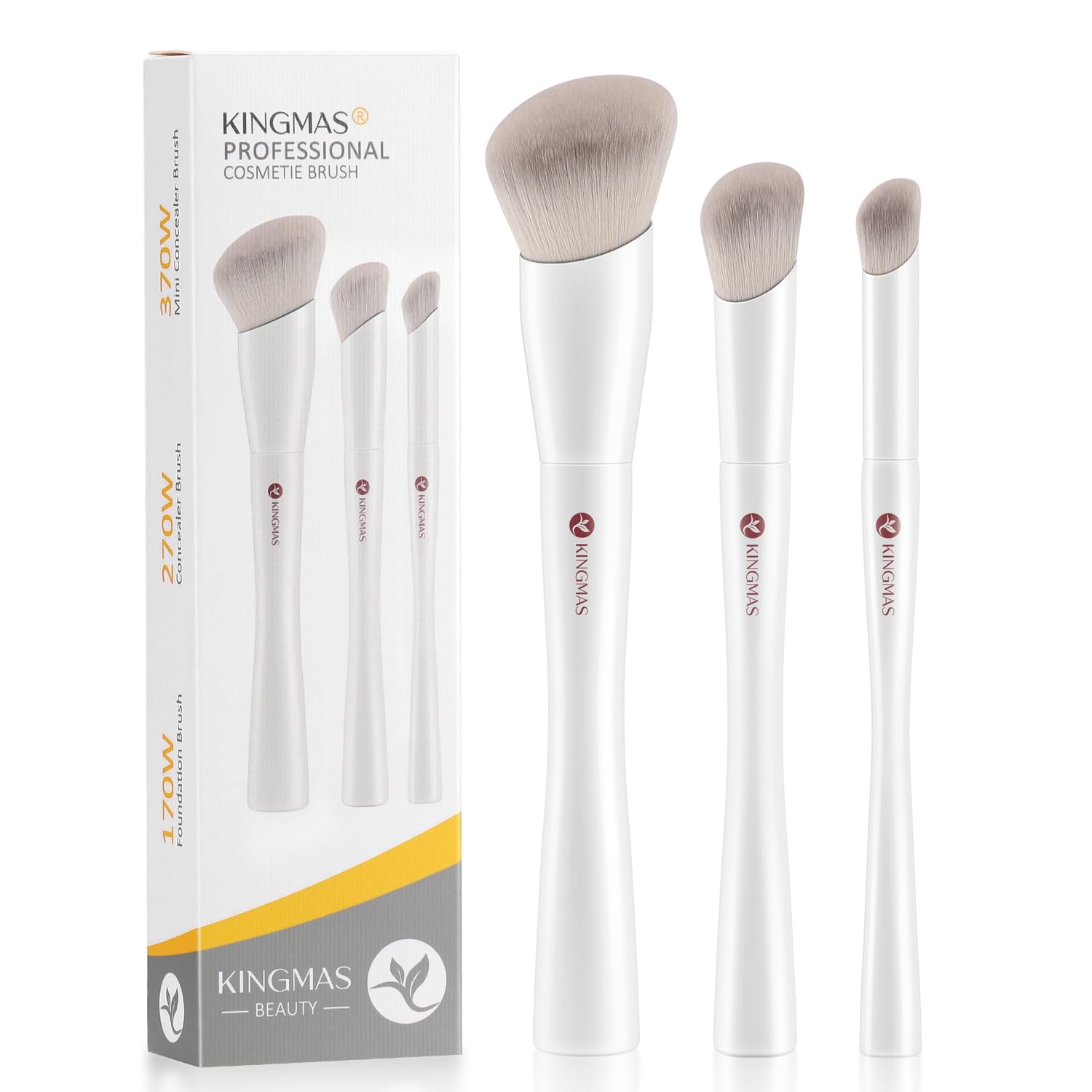 KINGMAS Angled Foundation Brush Concealer Brush, Premium Kabuki Makeup Brush for Liquid, Blending, Cream, Powder, Blush Buffing Stippling Face Makeup Tools White (White, A. 3Pcs (170W/270W/370W))