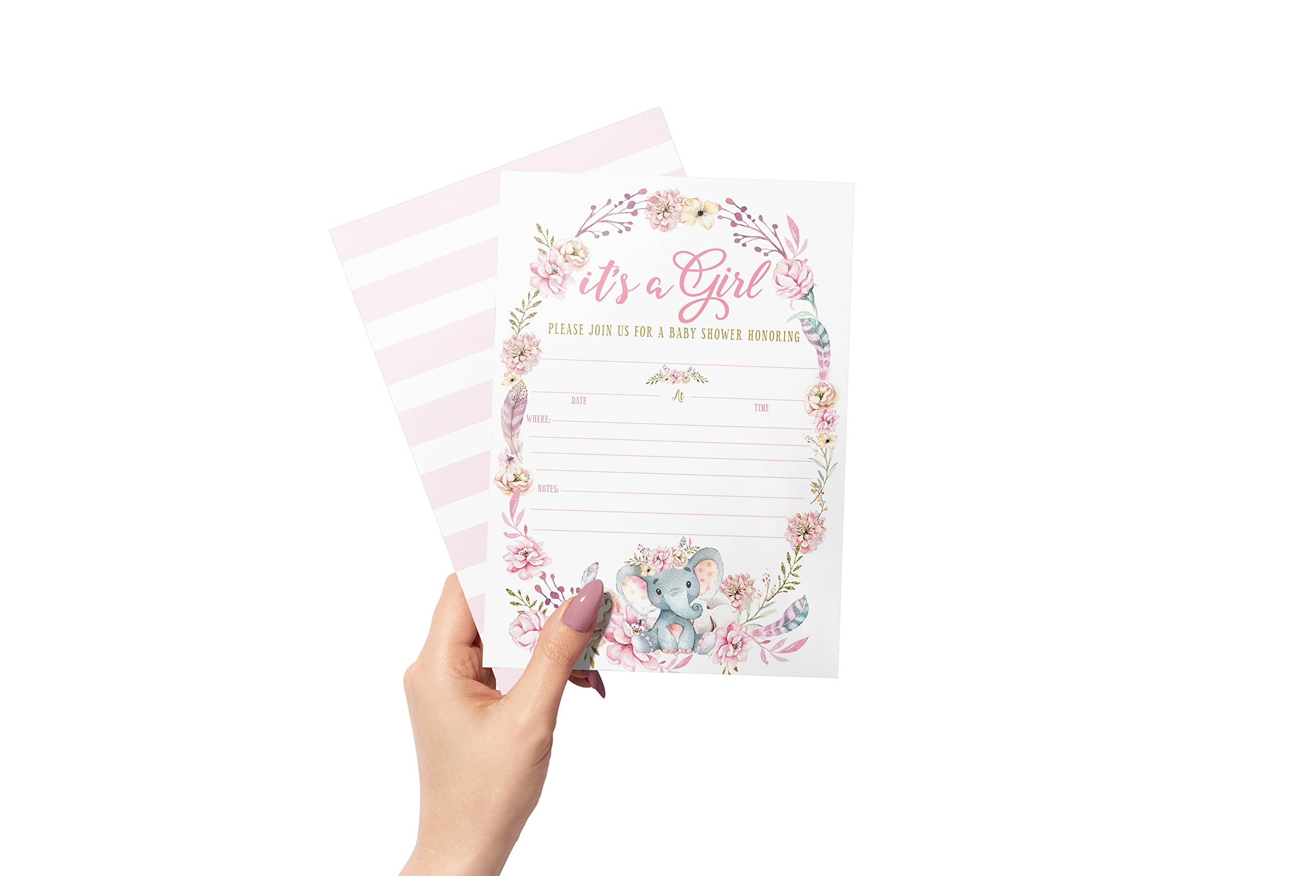 Elephant Baby Shower Invitation, Girl Pink Elephant Baby Shower, Jungle Baby Girl Shower Invite, It's a Girl, Baby Sprinkle Invite, 20 Fill in Invitations and Envelopes
