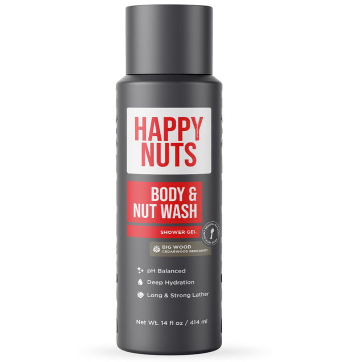 HAPPY NUTS Big Wood Body and Nut Wash - Moisturizing Men's Shower Gel, Bodywash with Deep Cleanse for Sensitive Skin - Men's Body Soap