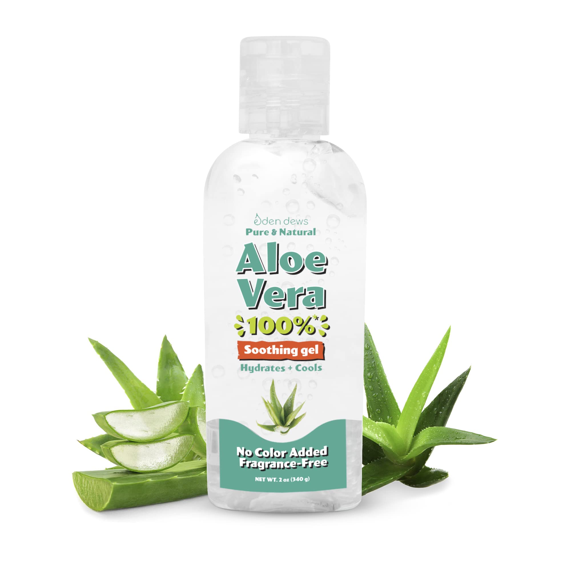 Eden Dews Organic Aloe Vera Gel 100% Pure & Natural Gel, Moisturizing, Face Skin & Hair Care, Sun Burn Relief, Hydrate + Soothe Dry Skin, Acne, Razor Bumps, Made in USA, Travel Size, (1, (2 Oz))