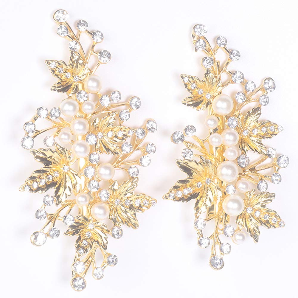 Sppry Wedding Hair Clips (2 Pcs) - Crystal Pearl Hair Accessories for Bridal Women (Gold)