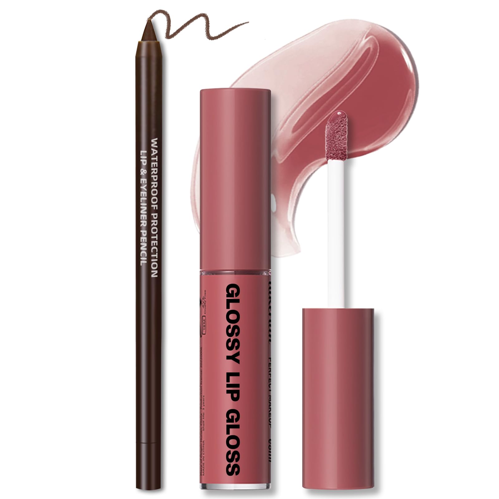 HOSAILY Nourishing Lip Gloss Moisturizing High Shine Fresh Lightweight Glossy Plumping Lip Combo or Women Long Wear Lip Glow Oil with Brown Lip Liner Set Non-Sticky Liquid Lipstick Makeup#12