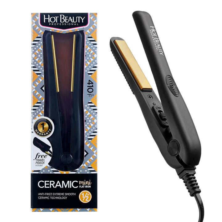 Hot Beauty Professional Ceramic Mini Flat Iron 1/2 Anti-Frizz Extreme Smooth- (Black HFIM050NB)