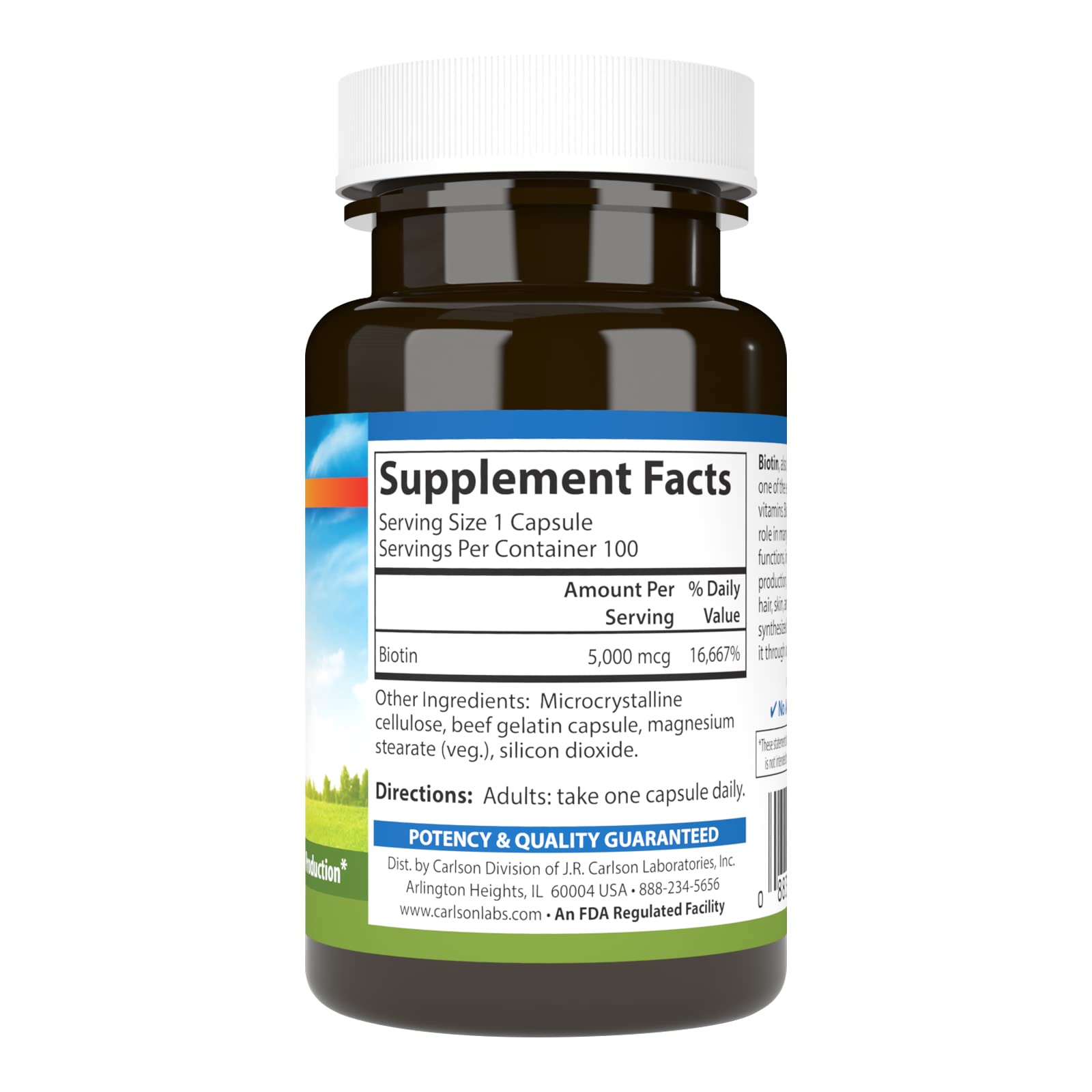 Carlson - Biotin, 5000 mcg, Healthy Hair, Strong Nails & Energy Production, 100 Capsules